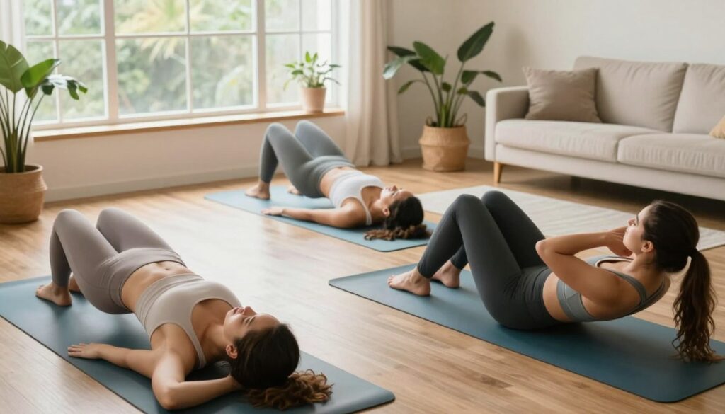 A bright, airy home environment with natural light streaming through a large window. In the foreground, a diverse group of three women, wearing stylish and modest workout attire, perform various core exercises on colorful yoga mats. One woman is practicing a plank, another is engaged in a bridge pose, and the third is demonstrating bicycle crunches, showcasing their focus and determination. In the middle, a cozy living space features plants and soft furnishings, contributing to a welcoming atmosphere. The scene captures a sense of tranquility and empowerment, emphasizing active recovery. The camera angle is slightly elevated, providing a clear view of the exercises, with an emphasis on form and technique. The lighting is soft and diffused, enhancing the warmth of the space.