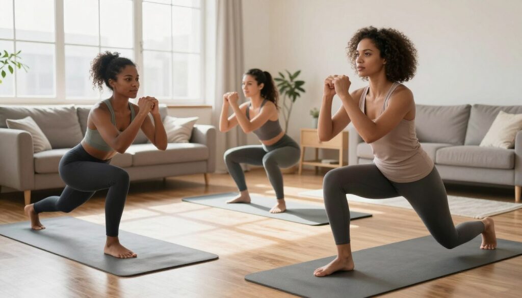 A bright and inviting home workout scene featuring a group of diverse women engaged in weight loss exercises. In the foreground, a woman in modest athletic wear is performing lunges, showcasing her determination and focus. In the middle, two women are doing bodyweight squats and plank variations, highlighting strength and toning. The background shows a cozy living room with exercise mats, light streaming through large windows, creating a warm and motivating atmosphere. The lighting emphasizes a sense of wellness and energy. Capture the camaraderie among the women, conveying an encouraging and supportive mood, perfect for showcasing strength training at home.