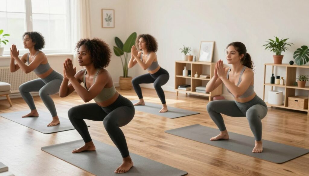 A bright, inviting home setting that showcases a women’s fitness routine focused on slimming. In the foreground, a diverse group of three women, dressed in modest athletic wear, demonstrates various exercises like squats, lunges, and planks. The middle ground features light workout mats and a cozy area with plants and motivational decor, emphasizing a comfortable home environment. In the background, soft natural light enters through a window, creating a warm and energetic atmosphere. The scene captures an uplifting and encouraging mood, highlighting teamwork and support among the women as they engage in their routine. Use a wide-angle lens to convey space and depth, ensuring a cheerful and inspiring vibe.
