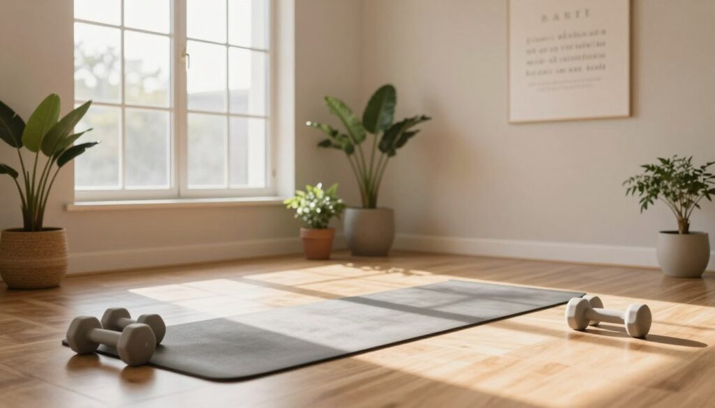 A cozy home workout space that inspires motivation and focus. In the foreground, a serene yoga mat lies on a light wooden floor, with a pair of light dumbbells casually resting beside it. In the middle ground, a large window allows gentle morning sunlight to pour in, illuminating the space warmly. Potted plants are artfully arranged near the window, adding a touch of greenery. On the wall, a motivational quote is displayed in subtle, inviting typography. In the background, a soft-colored wall complements the earthy tones of the decor. The atmosphere is calm yet invigorating, evoking a sense of determination and readiness. The image uses natural lighting to create soft shadows, captured at a slight angle for depth. Emphasize a tidy, organized environment that embodies the spirit of a personal sanctuary for fitness.