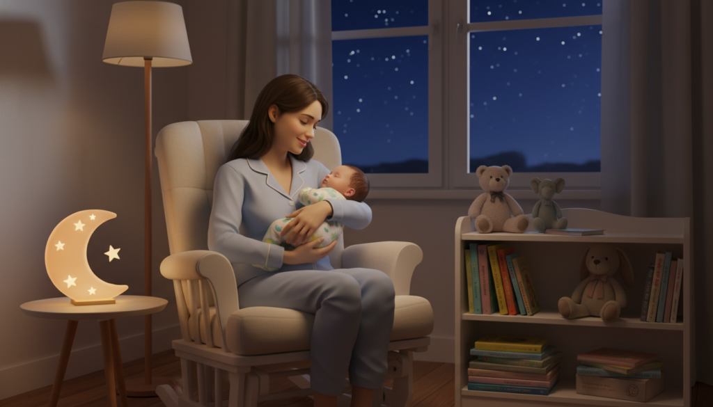 A cozy nursery scene at dusk, focusing on a soothing baby bedtime routine. In the foreground, a gentle, smiling caregiver in soft, modest pajamas is cradling a peacefully sleeping baby in a colorful swaddling blanket. The middle ground features a softly lit rocking chair adorned with plush toys and a small bookshelf filled with bedtime stories. In the background, a dimly lit window reveals a serene night sky with twinkling stars. Warm, diffused lighting creates a comforting atmosphere, while a soft glow emanates from a nightlight shaped like a moon. The overall mood is tranquil and nurturing, perfect for illustrating the importance of establishing a sleep schedule for newborns.