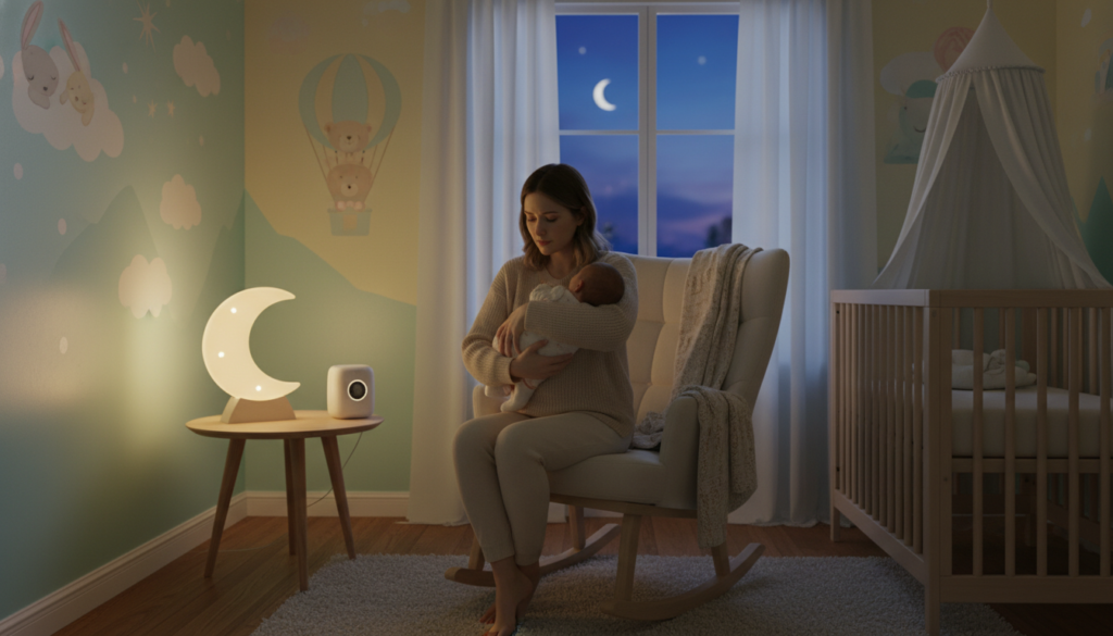 A cozy nursery scene focusing on a peaceful, well-lit environment. In the foreground, there’s a gentle, tired mother in modest casual attire cradling her swaddled newborn in her arms, looking content yet slightly concerned. Soft, warm lighting creates a nurturing, calming atmosphere. In the middle ground, a plush rocking chair sits beside a small bedside table with a gentle nightlight and a few sleep aids like a white noise machine and a baby monitor. The walls are decorated with serene pastel colors and playful animal motifs. In the background, a window reveals soft, nighttime hues, suggesting a tranquil evening. The overall mood is one of warmth, love, and a sense of problem-solving as the mother navigates the challenges of newborn sleep.