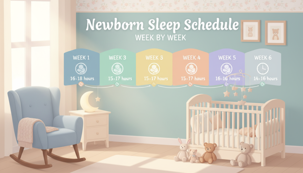A serene and informative illustration depicting a "Newborn Sleep Schedule Week by Week" guide, featuring a beautifully organized infographic-style layout. In the foreground, a cozy nursery scene with a crib softly lit by a warm nightlight, surrounded by plush toys and a comfy rocking chair. The middle ground includes a gentle progression chart displaying calming pastel colors, with each week represented by simple icons of sleeping babies and clocks, conveying the passage of time. The background showcases a softly blurred wall with nursery decor, such as framed photos and a soothing color palette. The mood is calm and nurturing, evoking a sense of safety and comfort for new parents. The image utilizes natural, diffused lighting to enhance warmth and tranquility, capturing the essence of newborn sleep routines.