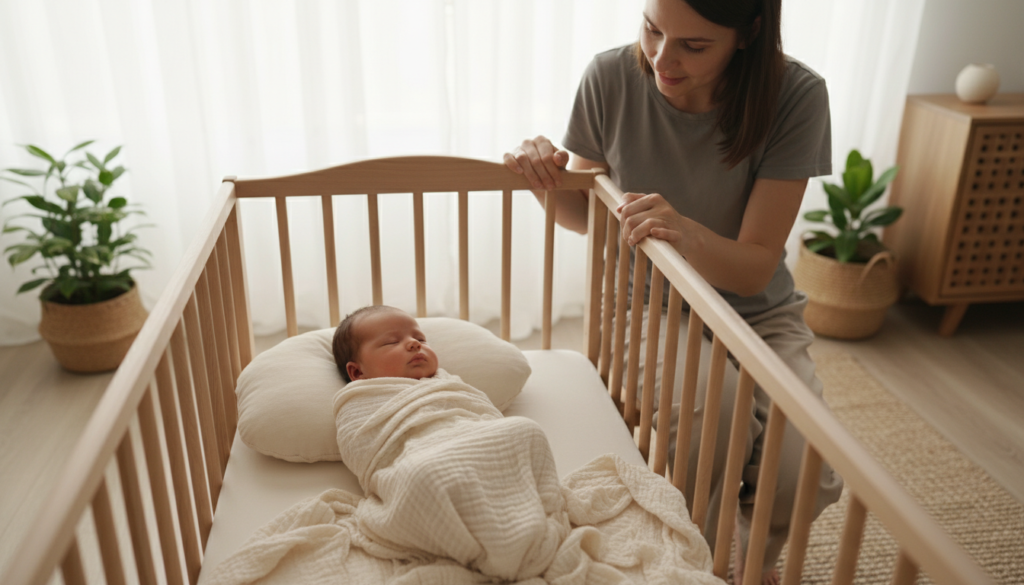 A serene bedroom scene showcasing a realistic depiction of a sleeping newborn in a cozy crib, adorned with soft, neutral colors. The foreground includes the baby swaddled in a light, breathable blanket, peacefully nestled against a plush, gentle pillow. In the middle ground, a peaceful parent, dressed in modest, casual clothing, gazes lovingly at the baby, creating a warm sense of connection. The background features soft, diffused natural light filtering through sheer curtains, casting a gentle glow around the room. The atmosphere is tranquil and nurturing, evoking a sense of calm and reassurance for new parents navigating their baby's sleep schedule. The angle is slightly from above, focusing on the intimate bond between the newborn and the parent, enhancing the comforting mood of the space.