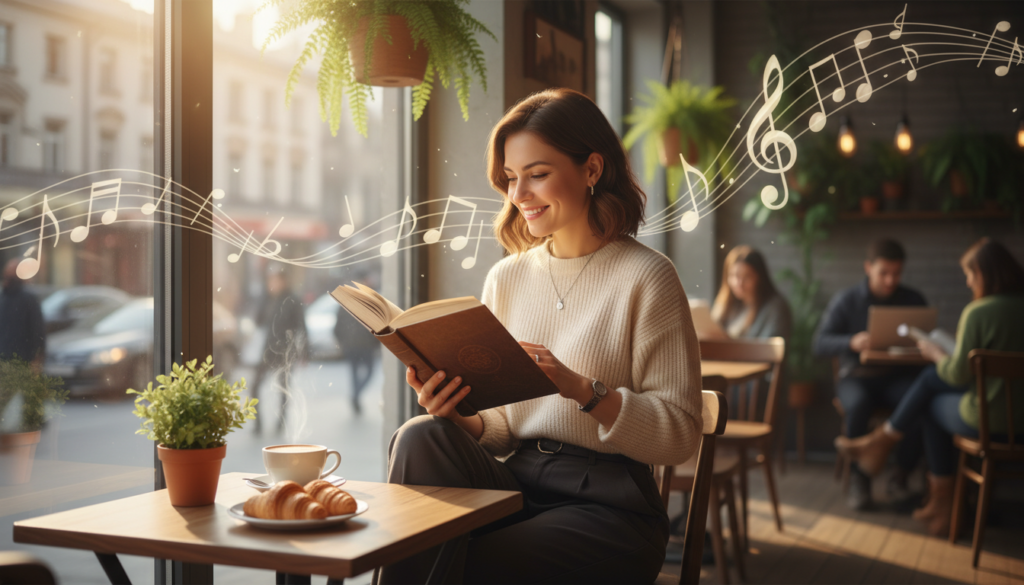 A serene café scene featuring a woman sitting comfortably at a small table by a window, immersed in a captivating book. She has a warm smile and wears a stylish, modest casual outfit that reflects her self-confidence. The foreground focuses on her relaxed posture, with a steaming cup of coffee and a small plate of pastries on the table. In the middle, soft golden light filters through the window, creating a cozy atmosphere that invites introspection. The background showcases a charming café filled with greenery, soft music notes floating in the air, and other patrons enjoying their own moments. The overall mood is tranquil and empowering, celebrating the joy of self-love and solitude. The composition should be soft and inviting, shot from an angle that captures both her and the surrounding ambiance.