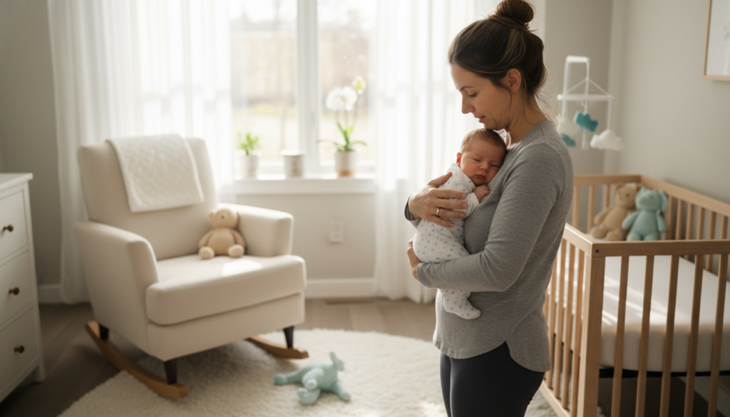 A serene indoor nursery scene featuring a caregiver gently soothing a fussy newborn using the 5 S's technique. In the foreground, the caregiver, dressed in modest casual attire, cradles the baby in a calming embrace, swaying gently. The middle ground shows soft, pastel-colored nursery decor with a comfortable rocking chair and a soft rug. In the background, soft natural light filters through sheer curtains, creating a warm and inviting atmosphere. The room is adorned with gentle stuffed animals and a subtle mobile overhead. Emphasize a feeling of tranquility, focusing on the tender connection between the caregiver and the baby, while maintaining a soft depth of field for an intimate focus. The overall mood should convey peace and nurturing support, ideal for an article about newborn care.