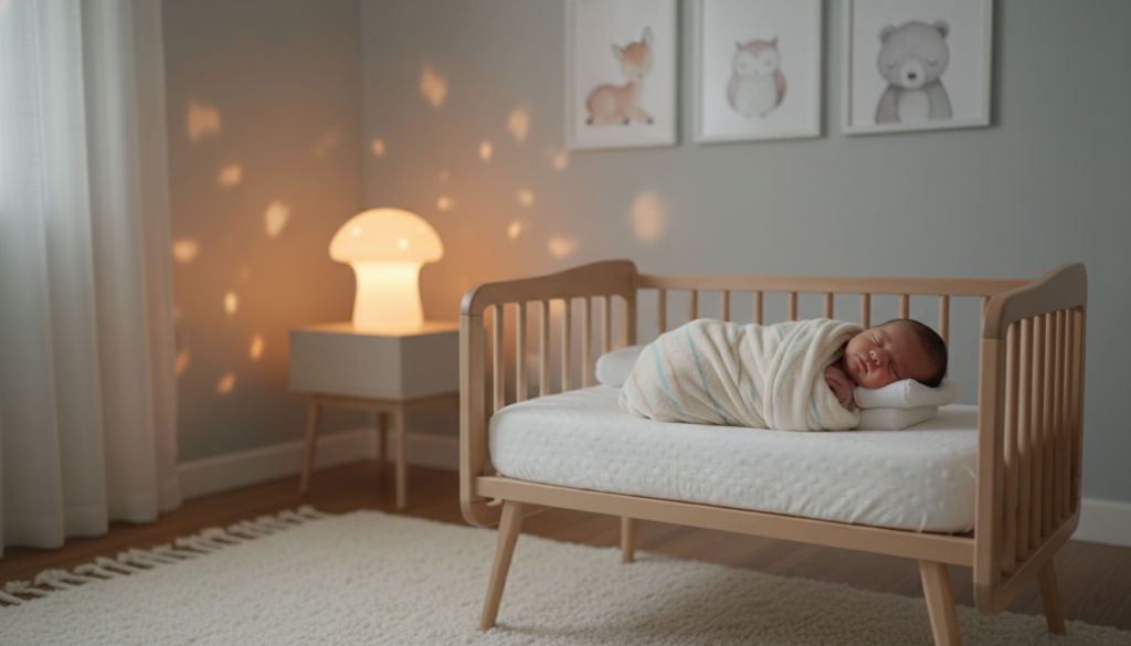 A serene nursery scene featuring a newborn securely swaddled in a soft, pastel-colored blanket, lying in a cozy crib. The foreground showcases the baby gently nestled with a tranquil expression, the blanket wrapped snugly around them to ensure safety while sleeping. In the middle ground, a calming nightlight emits a warm glow, casting soft shadows that enhance the peaceful ambiance. The background reveals soothing decor, including light-colored walls adorned with simple, nature-themed art and a plush rug beneath the crib. Soft, diffused lighting emphasizes a tranquil atmosphere, while a shallow depth of field draws attention to the swaddled baby. The overall mood is comforting and nurturing, perfect for illustrating safe newborn sleep practices.