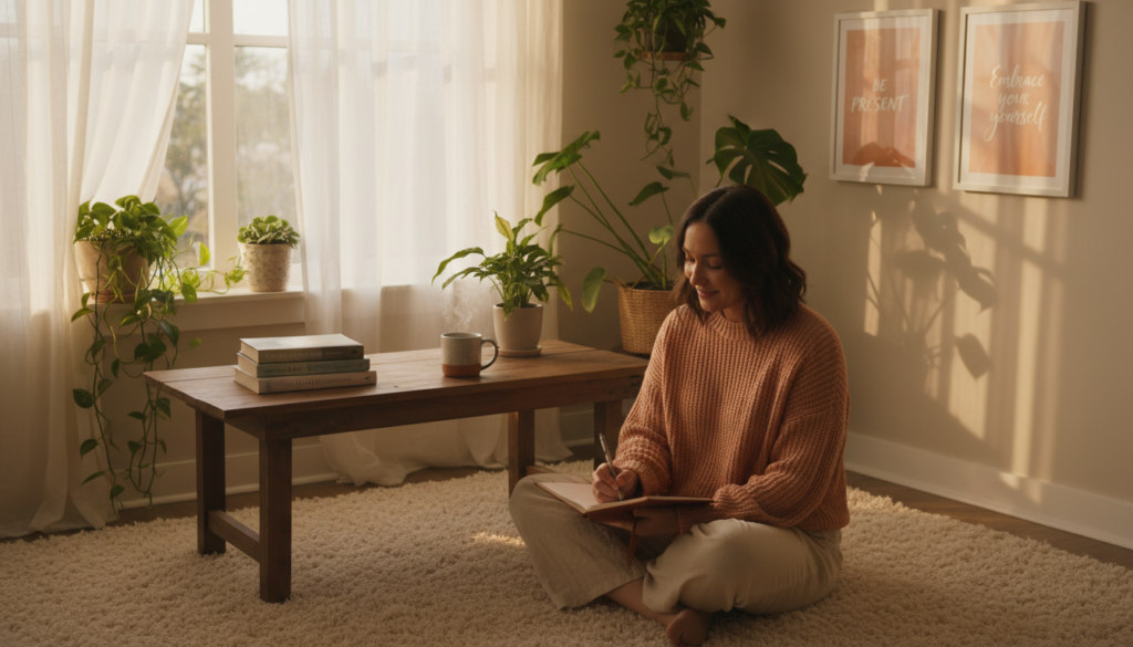A serene scene depicting a woman in a cozy, sunlight-filled room, engaged in self-reflection and self-care. In the foreground, the woman, dressed in comfortable yet stylish casual clothes, sits on a plush rug with a journal and pen, a content smile on her face. In the middle, a wooden coffee table holds a steaming mug of herbal tea and a few wellness books. In the background, soft light filters through sheer curtains, illuminating houseplants and framed inspirational art on the walls. The atmosphere is warm and inviting, symbolizing peace and self-acceptance. The angle is slightly elevated, capturing both the woman’s expression and the surrounding environment, enhancing the feeling of comfort and solitude, perfect for illustrating the essence of building a healthy self-relationship.