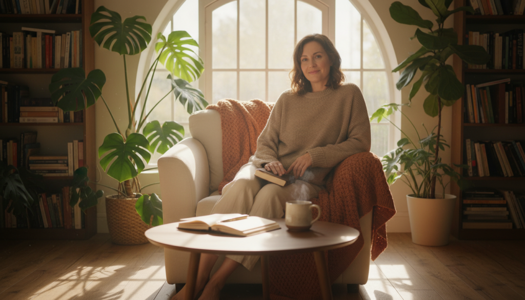 A woman in her 30s, sitting peacefully in a cozy, sunlit living room, surrounded by plants and books, symbolizing emotional resilience. She has a serene expression, wearing modest casual clothing, reflecting self-love and contentment. In the foreground, a soft, inviting armchair draped with a warm blanket. In the middle ground, a small coffee table with a journal and pen, suggesting introspection and personal growth. The background features a large window with gentle sunlight streaming in, casting soft shadows. The overall atmosphere is warm, inviting, and uplifting, with soft natural lighting that enhances the feelings of tranquility and strength, captured with a slightly blurred depth of field to focus on her peaceful demeanor.