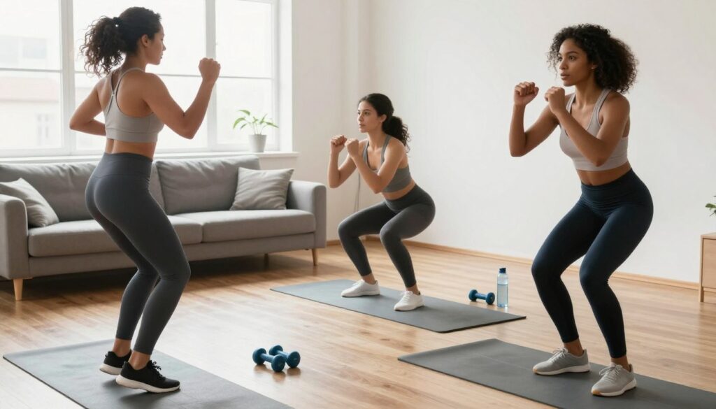 Women of diverse backgrounds engaging in high-intensity interval training (HIIT) exercises at home. In the foreground, two women perform jumping jacks, while another is in a squat position, all wearing modest athletic wear. The middle layer features a living room setting with a yoga mat, small dumbbells, and water bottles scattered around. The background shows light streaming in through a large window, creating a bright, inviting atmosphere. The scene is filmed from a slightly lower angle, emphasizing the dynamic movement of the exercises. Soft natural light creates a warm and energetic mood, inspiring viewers to join in the workout.
