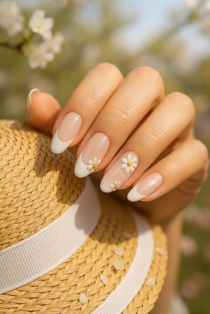 3D floral nails adorned with pearls for elegant French tips