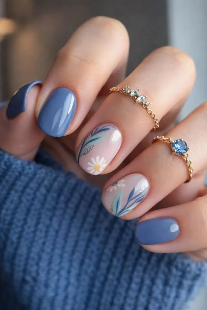Blue floral nail art with daisy accent for spring gel nails.