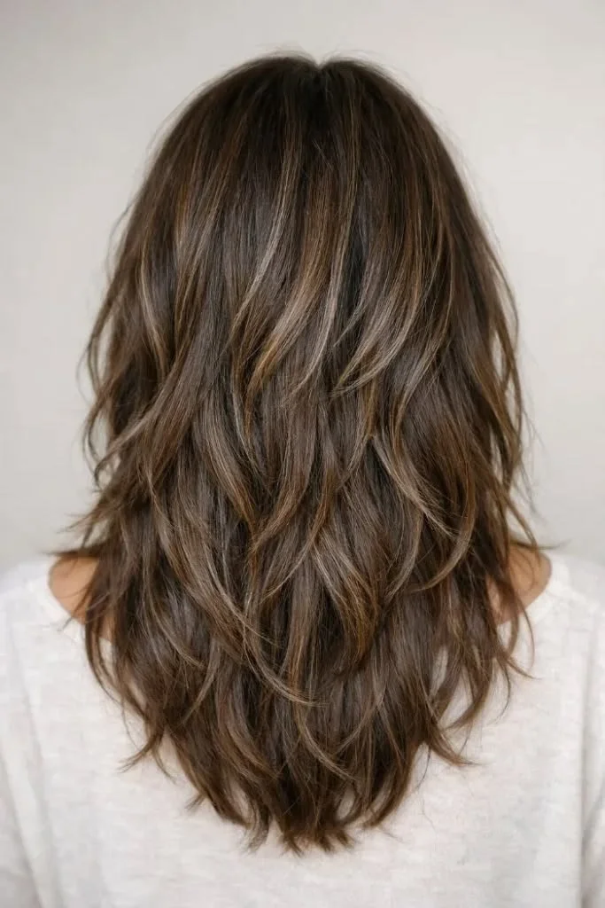 Sleek modern brown hair highlighted in silver showcasing stylish hair trends.