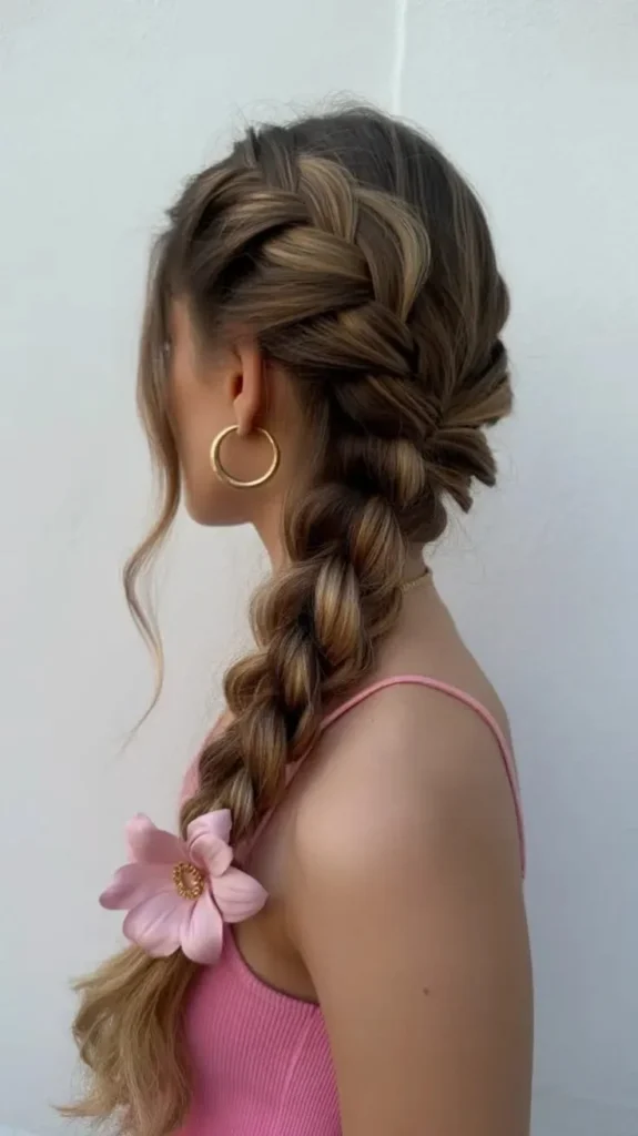 Elegant long hairstyle with a loose side braid and floral accent for 2026.