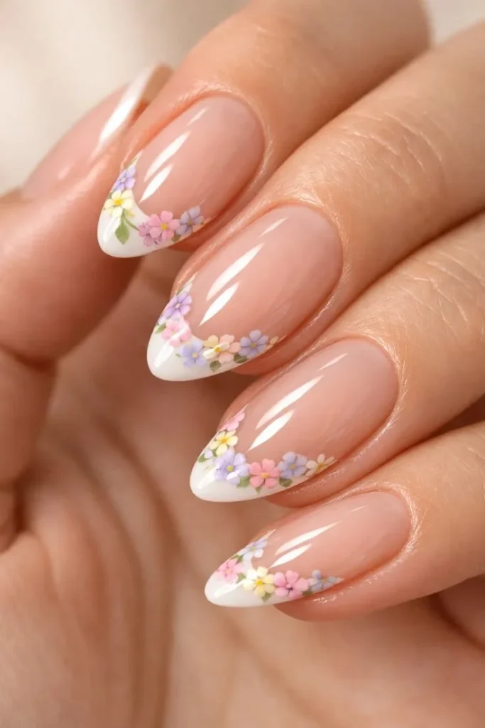 Elegant Floral French Tip Almond Nails for a spring manicure