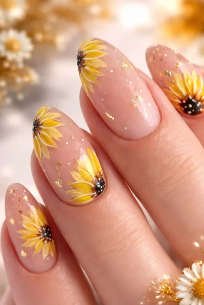 Elegant nude floral nail art with golden sunflower design