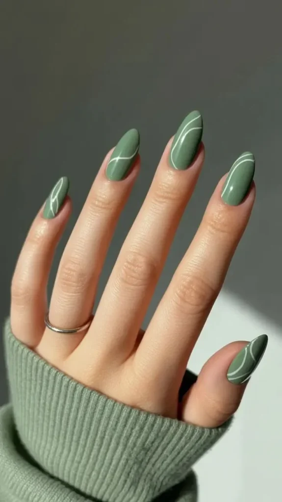 Soft sage nail design with minimalistic curved white lines for 2026 trends