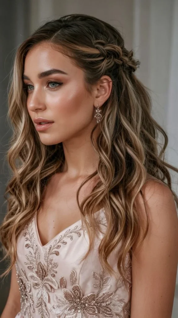 Romantic braided half-up curls hairstyle tutorial for busy moms