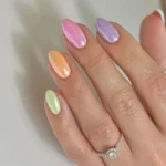 Colorful spring nail art designs featuring floral patterns and pastel colors.