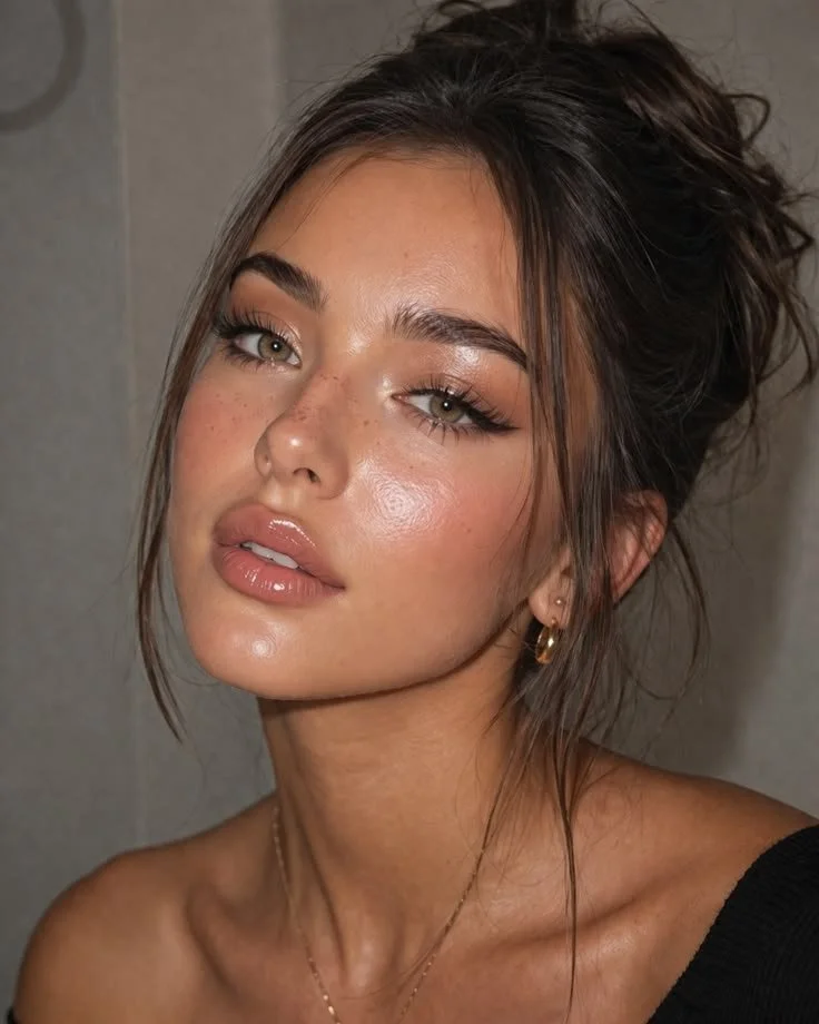 Glossy soft glam look featuring dewy skin and nude lips for 2026 beauty trends.