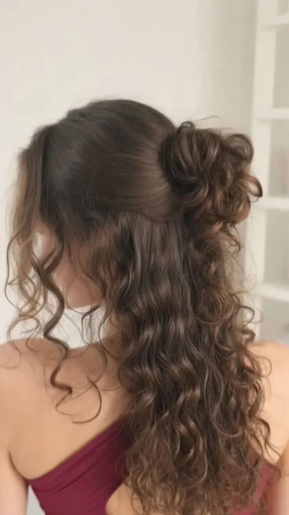 Trendy 2026 curly hairstyles with half-up messy bun and loose waves