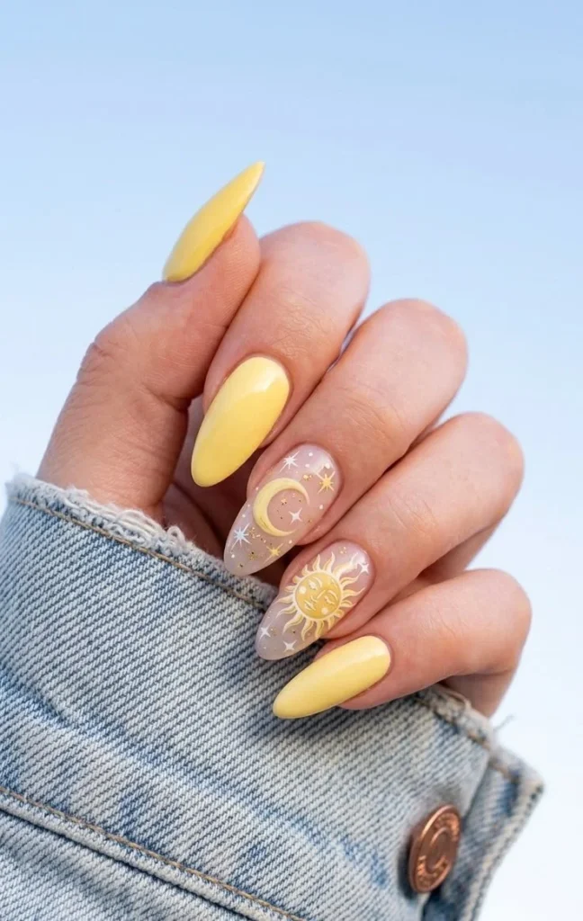 Butter yellow pastel celestial nails showcasing spring 2026 trends