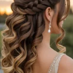 Boho crown braid wedding hairstyle with golden curls for 2026