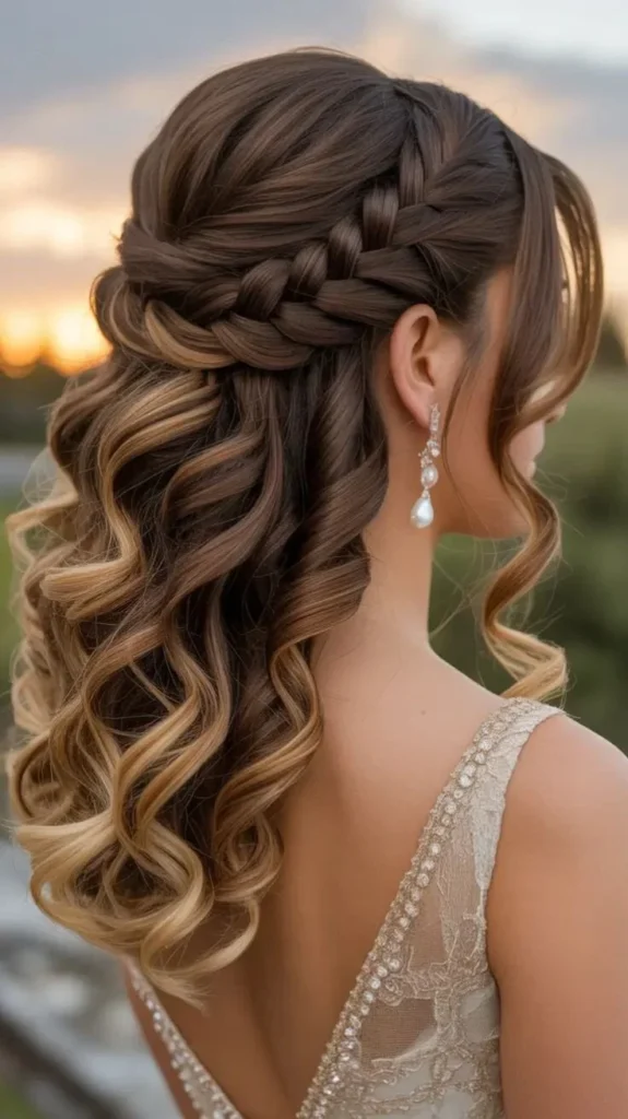 Boho crown braid wedding hairstyle with golden curls for 2026