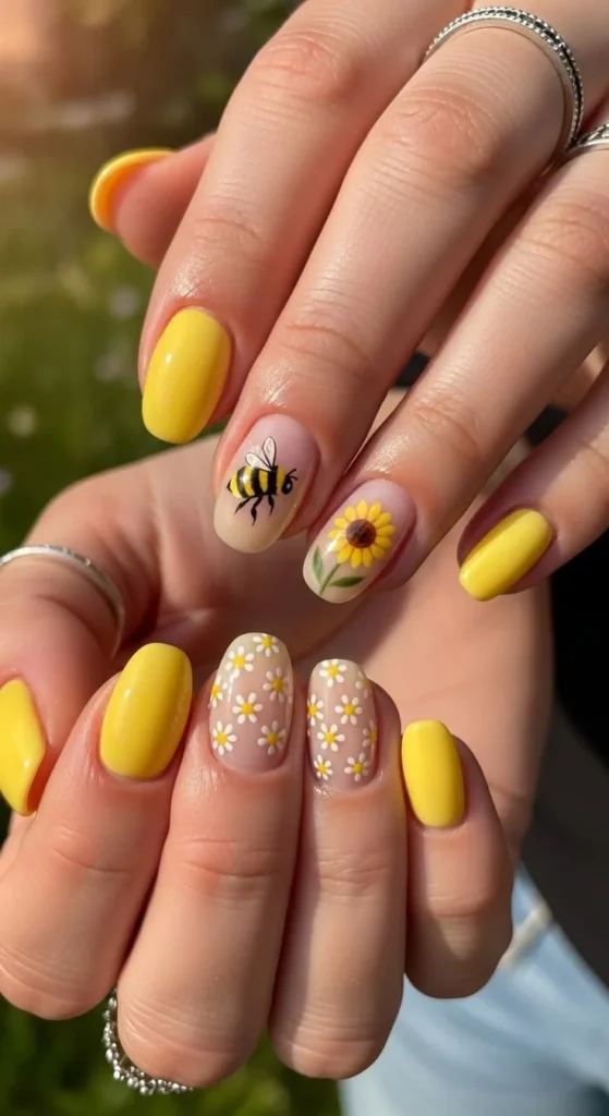 Yellow summer nail design with sunflower and bumblebee accents