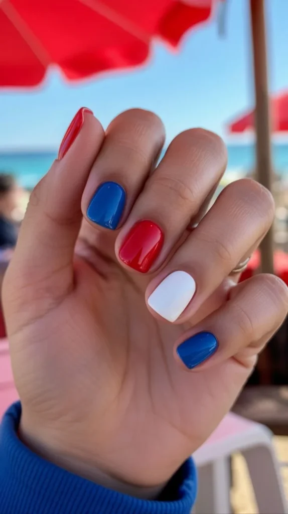 Colorful patriotic nails design featuring red, white, and blue for 4th of July celebrations.