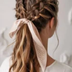Braided hairstyles with ribbons on midlength wavy hair for a stylish look.