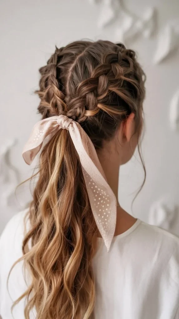 Braided hairstyles with ribbons on midlength wavy hair for a stylish look.