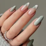 Cute almond nails design with sage and white chevrons for spring
