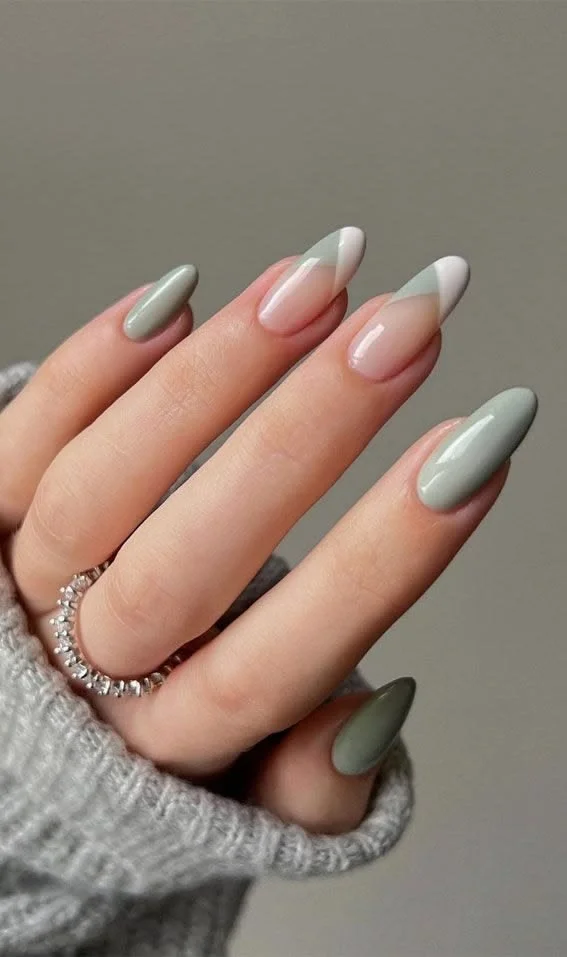 Cute almond nails design with sage and white chevrons for spring