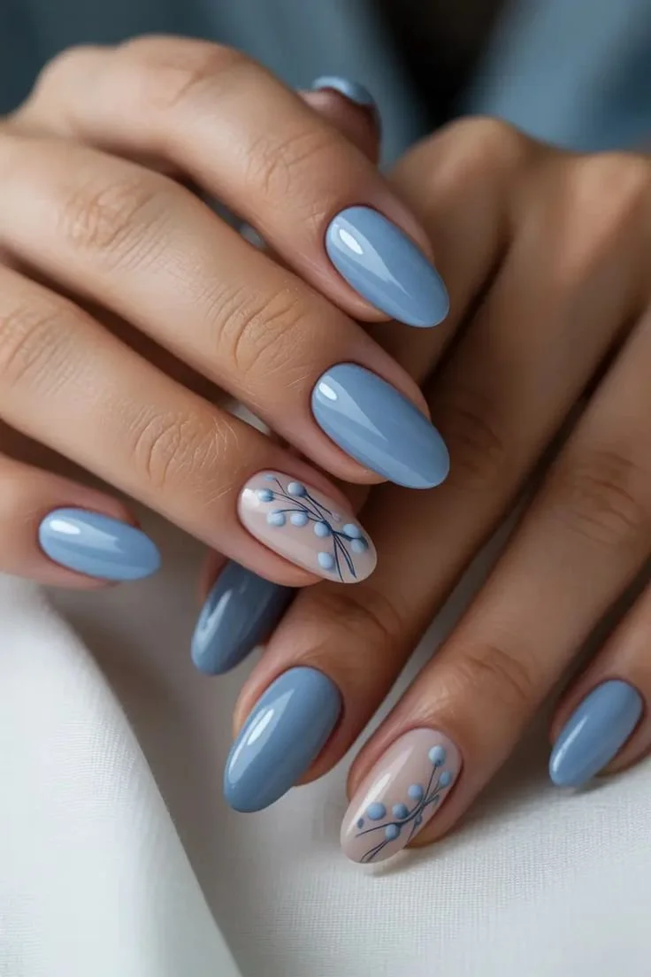 August 2025 nail color ideas featuring blueberry branches and baby sky shades.