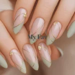 Elegant sage green nail art with gold and white accents for bridesmaids