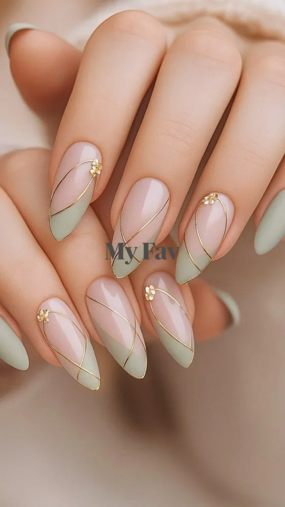 Elegant sage green nail art with gold and white accents for bridesmaids