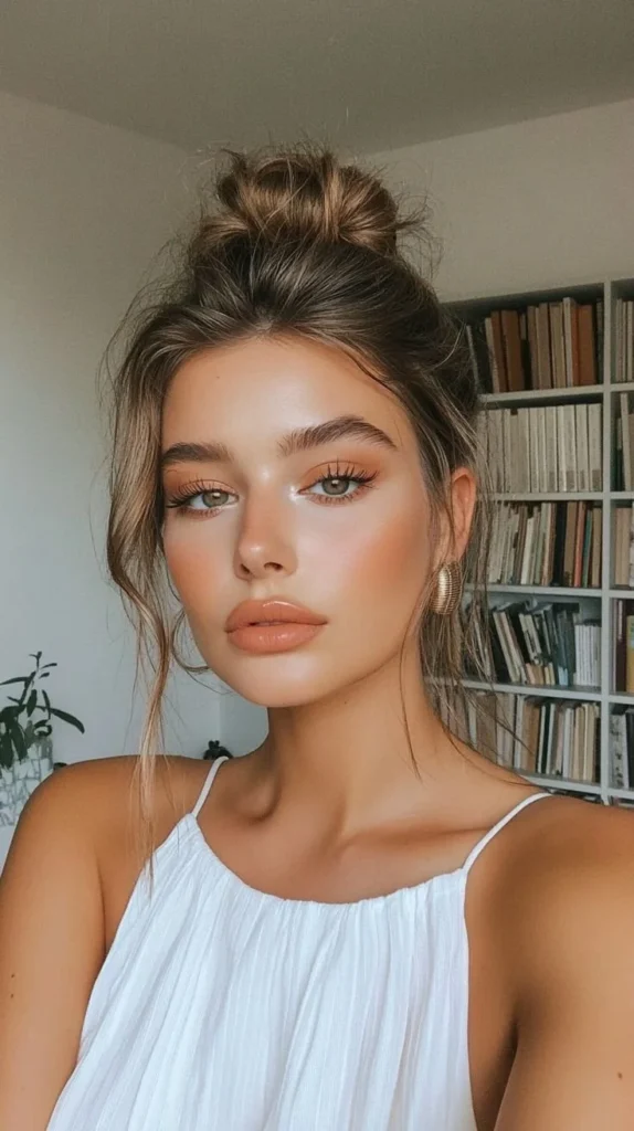 Every day makeup look with light, natural tones, ideal for a professional setting.