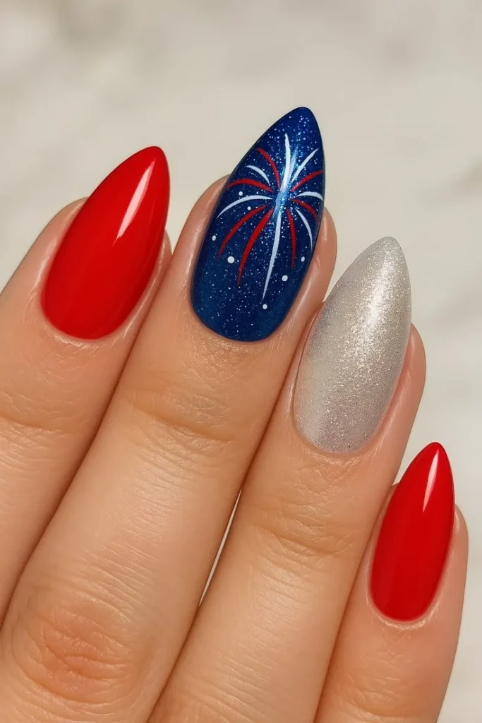 Stylish firework nails design for July 2026 celebration.