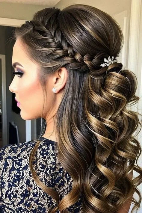 Bridal hair inspiration featuring a beautiful fishtail braid and half-up hairstyle.
