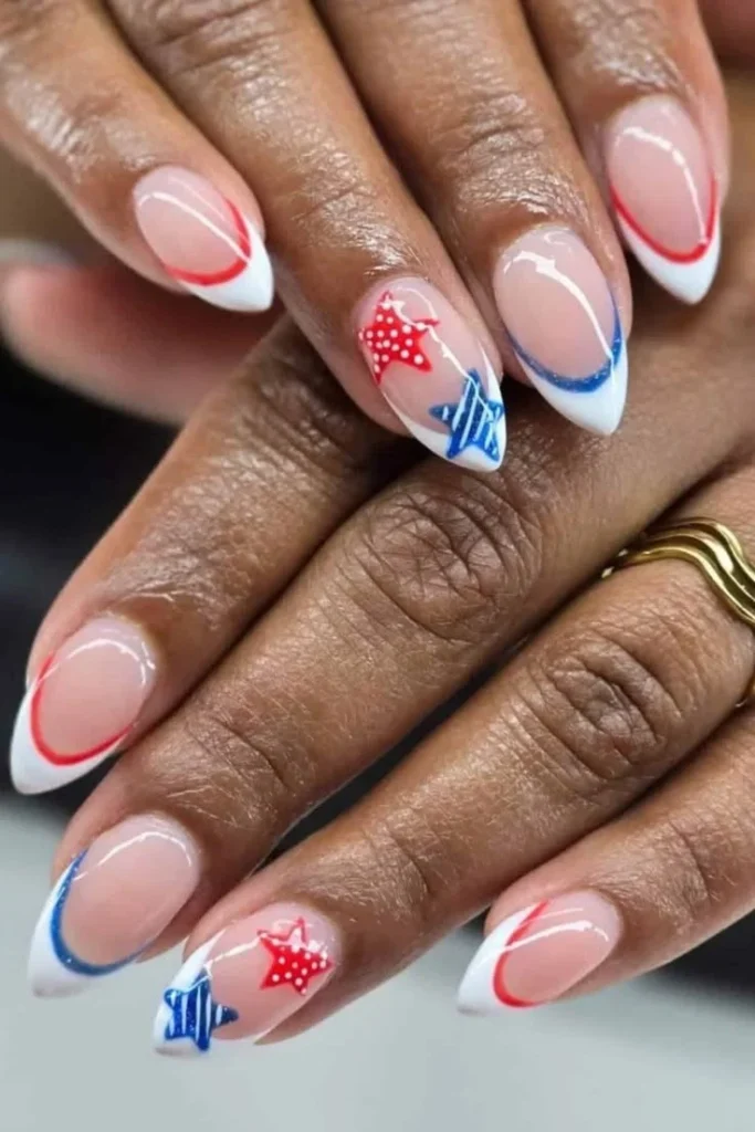 Creative Fourth of July nail ideas featuring red, white, and blue designs for Independence Day.