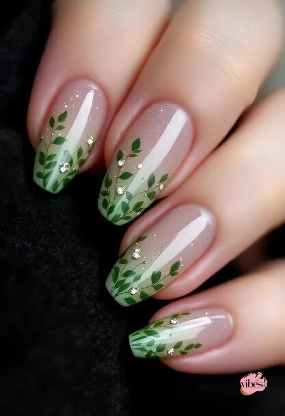 Acrylic green nails with gold leaf designs and sage ombre finish for stylish manicures.