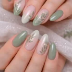 Nature aesthetic nails featuring sage green color and leaf art design for moms