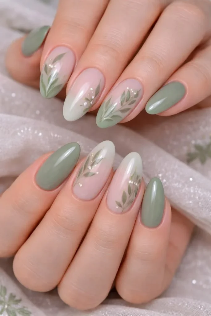 Nature aesthetic nails featuring sage green color and leaf art design for moms