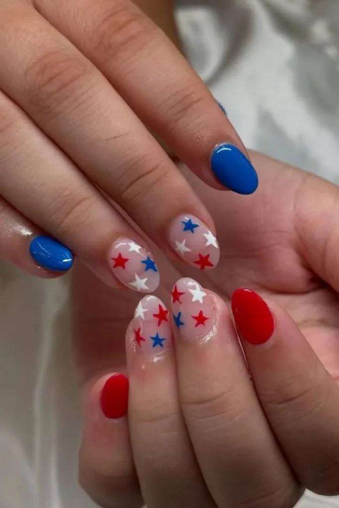Patriotic 4th of July nails with red, white, and blue designs for festive celebration