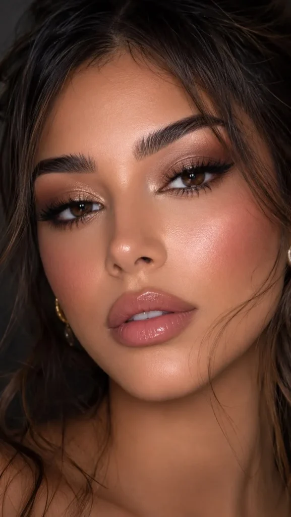 Soft glam makeup look featuring bold eyes and glossy lips for moms