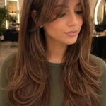 Warm brunette hairstyle featuring layered curtain bangs.