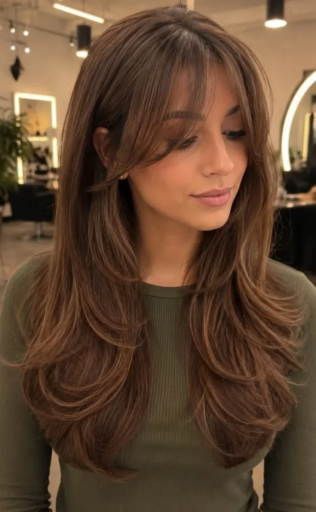 Warm brunette hairstyle featuring layered curtain bangs.