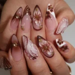 24Pcs Brown Cat's Eye French Full Cover Reusable False Nails with Golden Flower Design