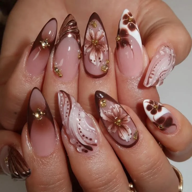24Pcs Brown Cat's Eye French Full Cover Reusable False Nails with Golden Flower Design
